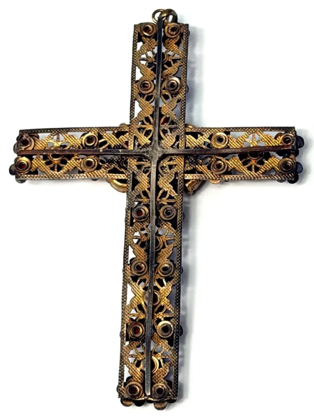 Large Vintage Red Rhinestone Cross Pendant Filigree Brass Czech Gothic Estate 4" - Picture 5 of 8